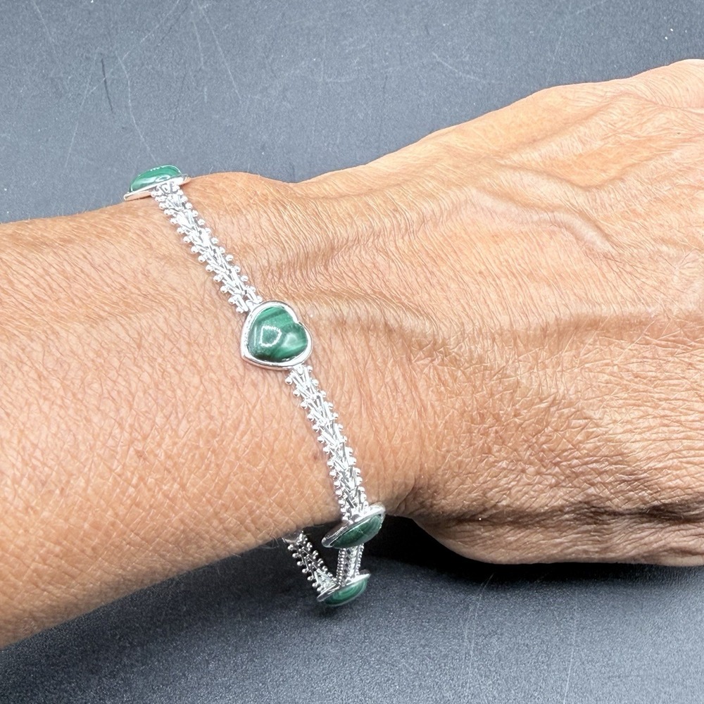 925 Sterling Silver Malachite Heart Link Chain Bracelet 8" Green Stone VTG
